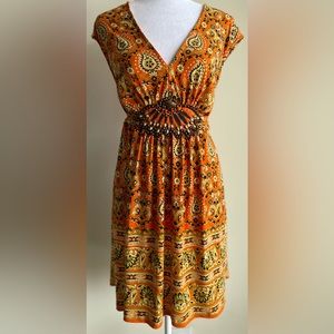 ECI NEW YORK STRETCH JERSEY KNIT V-NECK TIE WAIST BEADED DETAIL DRESS, ORANGE.XL